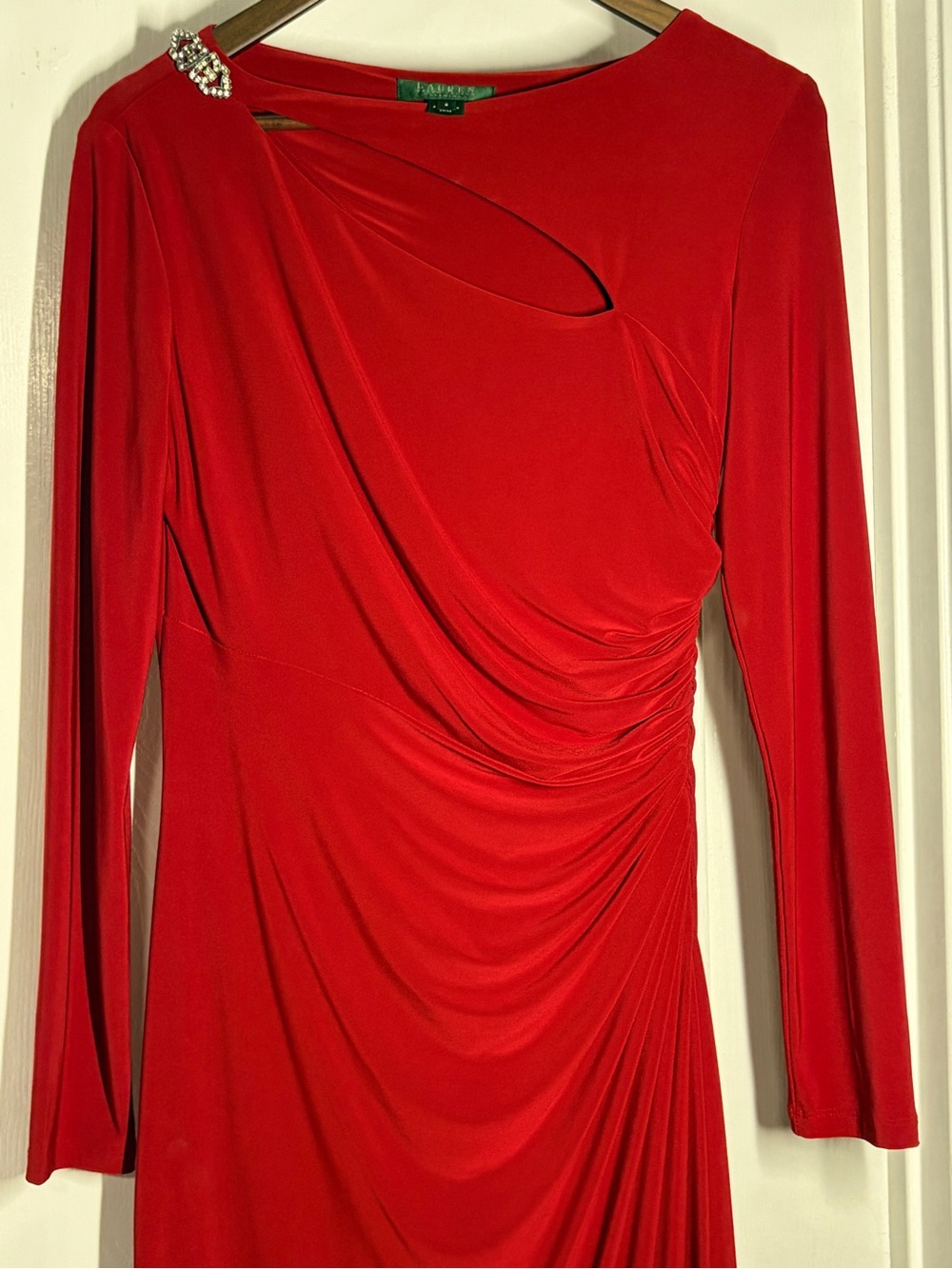 Lauren by Ralph Lauren Red Draped Long-Sleeve Evening Gown with Brooch Detail